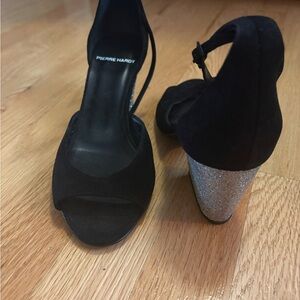 Pierre Hardy Black Suede Sandals with Silver Glitter Block Heel